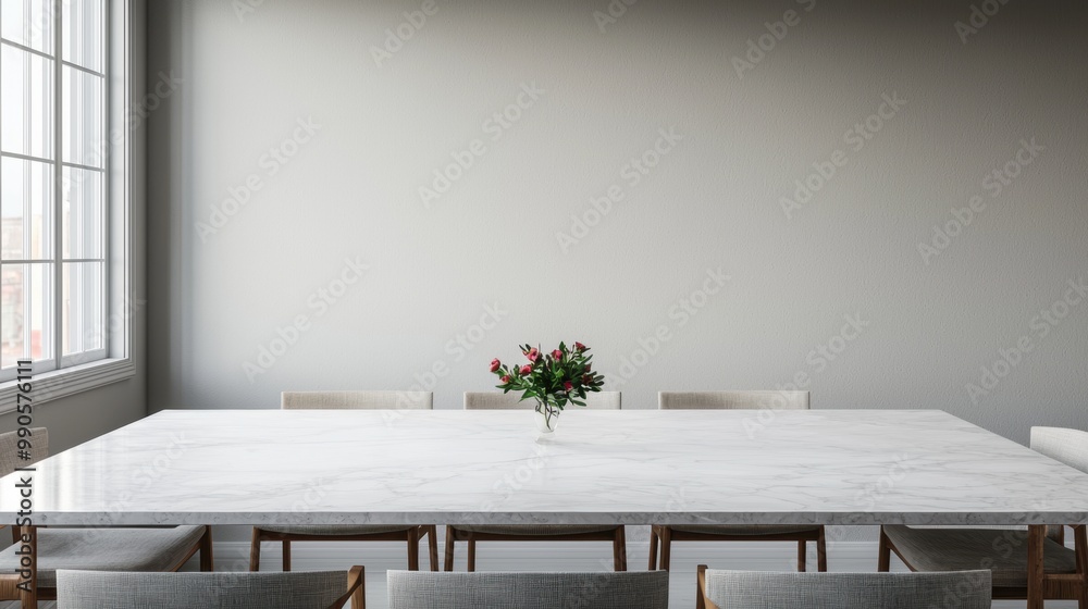 Modern dining table with flowers, minimalistic design, and natural light. Modern dining table with flowers, minimalistic design, and natural light.