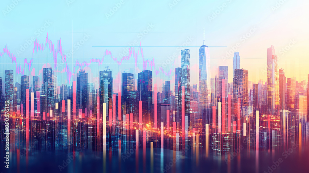 A stock market bar chart set against the backdrop of a contemporary business center, symbolizing concepts of financial investment and trading. A stock market bar chart set against the backdrop of a contemporary business center, symbolizing concepts of financial investment and trading.