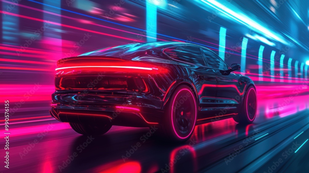 Naklejka premium Futuristic car in motion with glowing neon lights and a vibrant background.