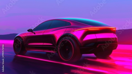 Futuristic car design, vibrant neon colors on a dynamic background.