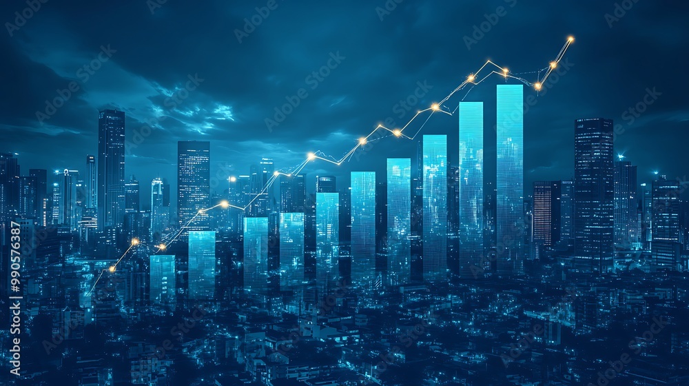 Fototapeta premium A dynamic bar graph rising sharply, representing GDP growth, with inflation rates subtly integrated into the background, contrasted by a downward unemployment figure in the foreground.