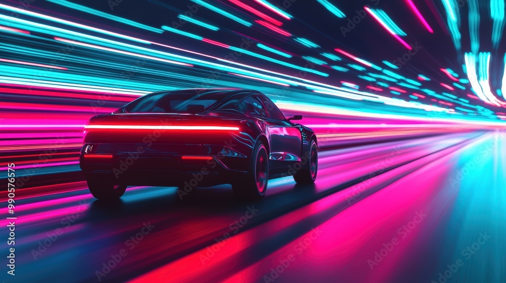 Futuristic car speeding through a neon-lit tunnel, colorful light streaks. Futuristic car speeding through a neon-lit tunnel, colorful light streaks.