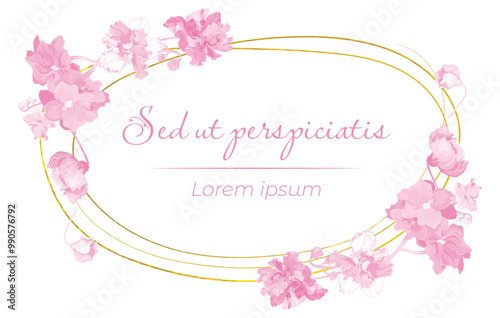 Monochrome flowers are put on a circular frame on a white background. The frame is made from a thin golden line of African flowers. Vintage floral frame for any design ideas.