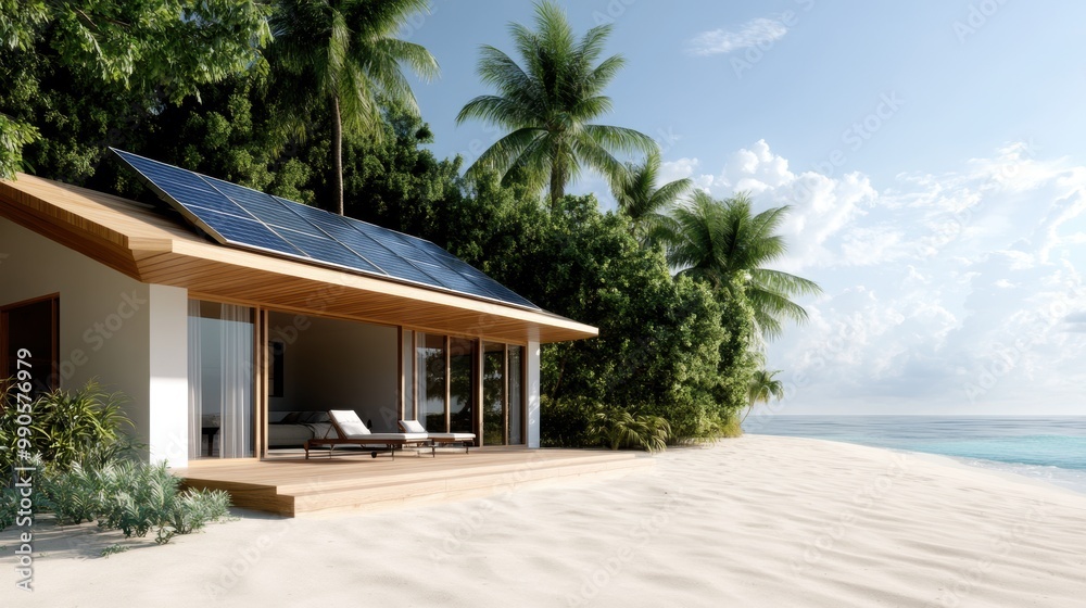 Modern beach house with solar panels, surrounded by palm trees and sandy beach. Modern beach house with solar panels, surrounded by palm trees and sandy beach.