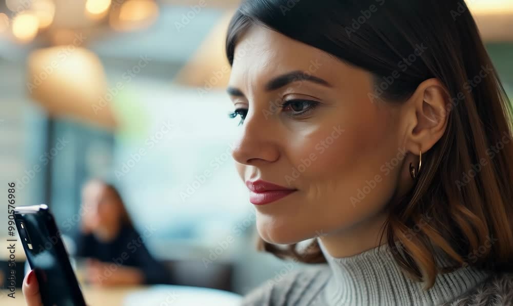 Over-the-Shoulder Shot of a French Woman Listening to a Podcast in a Café Over-the-Shoulder Shot of a French Woman Listening to a Podcast in a Café