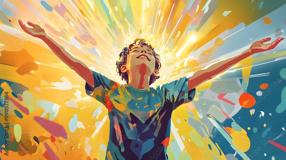 Fototapeta premium 2. **Illustrate a joyful boy with his arms stretched out in worship, surrounded by abstract shapes and light rays that symbolize inspiration and faith. Use bright colors to enhance the uplifting