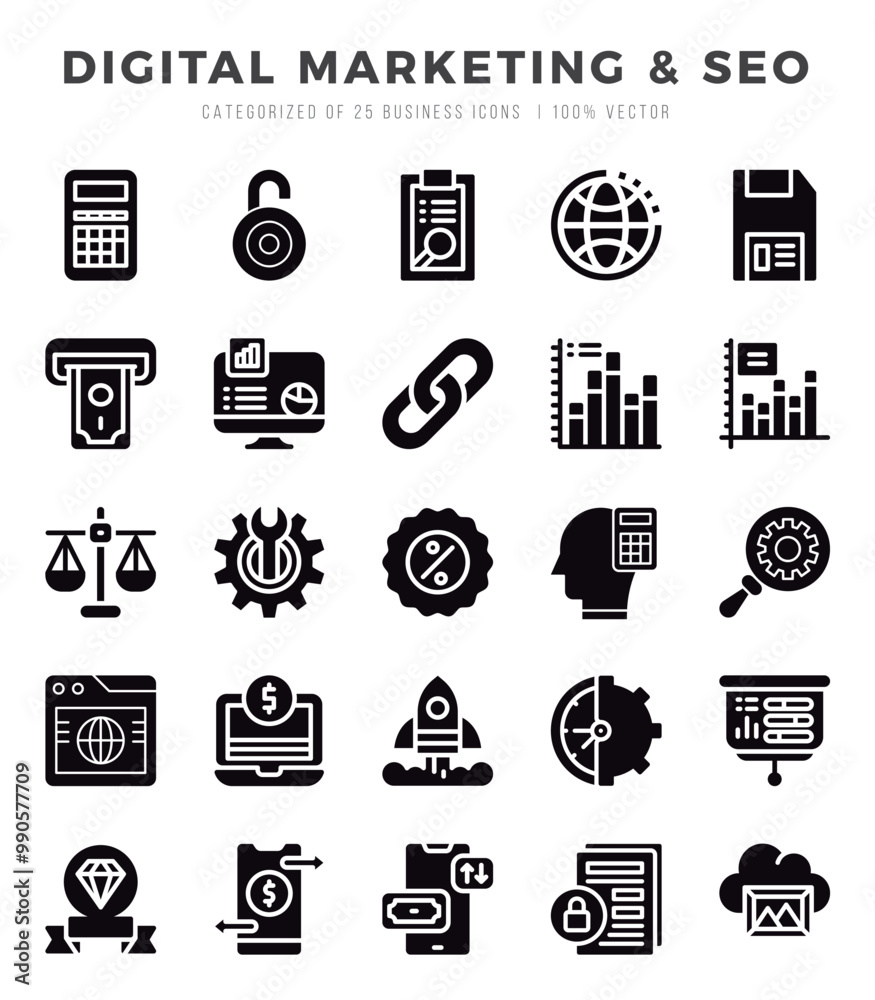 Set of 25 Digital Marketing & SEO Glyph Icons Pack. Set of 25 Digital Marketing & SEO Glyph Icons Pack.