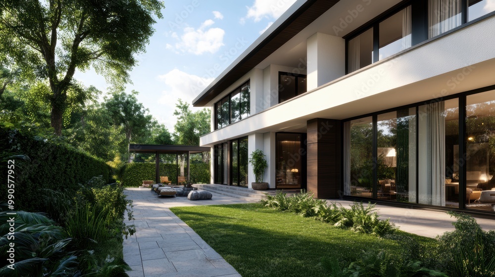 Modern house exterior view with garden and patio on a sunny day. Modern house exterior view with garden and patio on a sunny day.