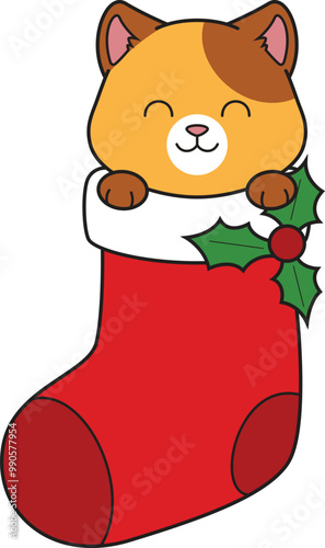 Cartoon funny cat in christmas stockings vector illustration