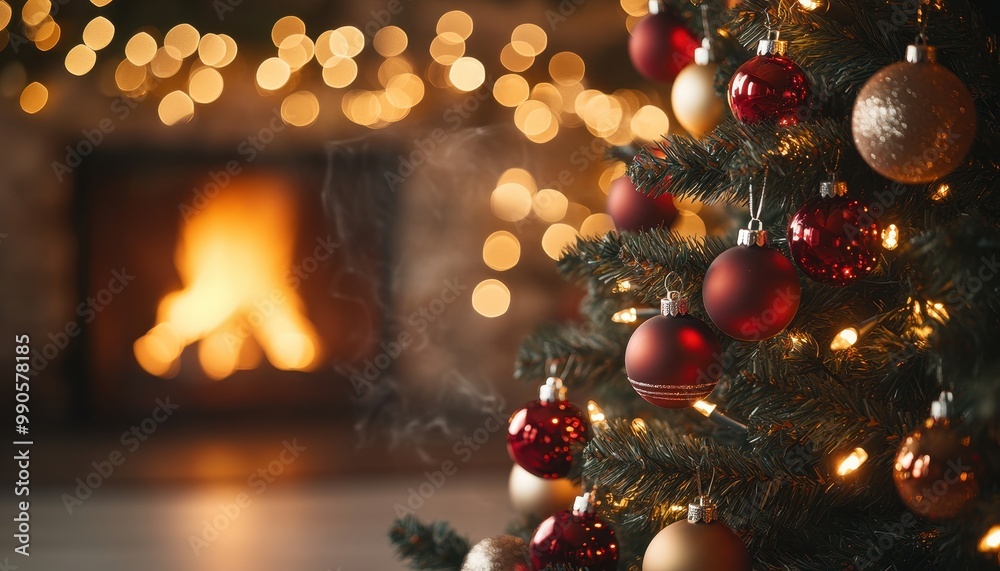 A cozy Christmas scene featuring a decorated tree and a warm fireplace, creating a festive and inviting atmosphere. A cozy Christmas scene featuring a decorated tree and a warm fireplace, creating a festive and inviting atmosphere.