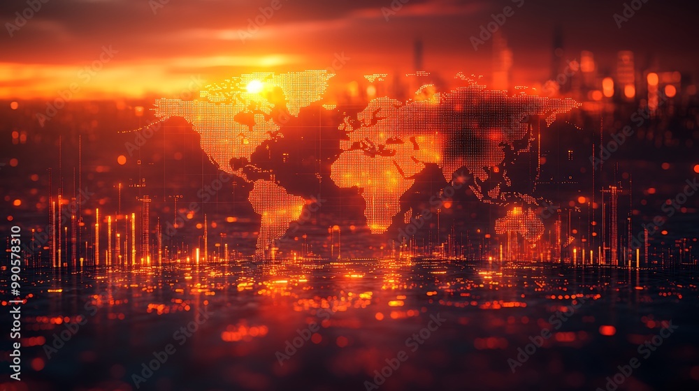 Obraz premium A stylized world map overlaid with financial indicators, featuring GDP growth as a prominent upward trend and inflation and unemployment data displayed alongside stock market fluctuations.