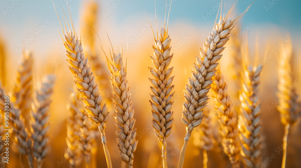 Wheat field with the sun. Golden wheat ears close-up. A fresh crop of rye Wheat field with the sun. Golden wheat ears close-up. A fresh crop of rye