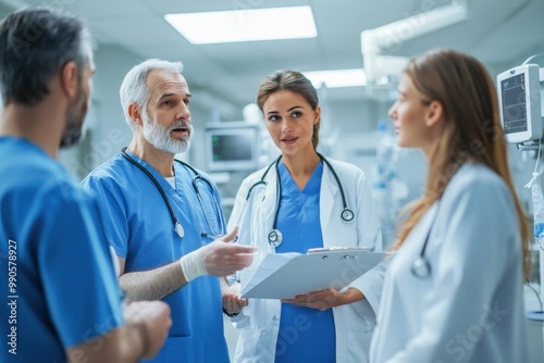 Hospital medical staff stand and discuss while wearing surgical gowns and face masks. The scene depicts a professional healthcare environment.