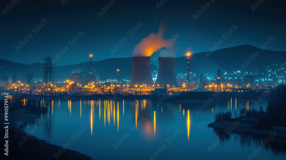Fototapeta premium Night shot of a large nuclear power plant close to a river with blue night sky.