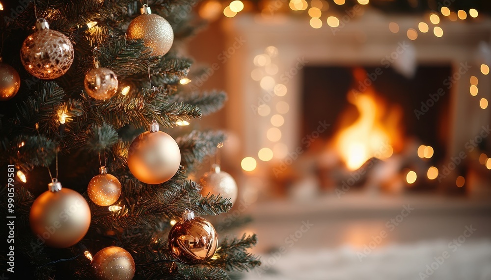 Beautiful Christmas tree adorned with golden ornaments, glowing lights, and a cozy fireplace creating a festive atmosphere. Beautiful Christmas tree adorned with golden ornaments, glowing lights, and a cozy fireplace creating a festive atmosphere.