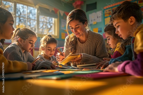 Group of diverse children engaged in learning and play in a colorful classroom environment