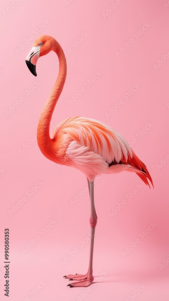 Fototapeta premium A vibrant flamingo elegantly stands against a soft pink background that enhances its striking appearance and gracefulness