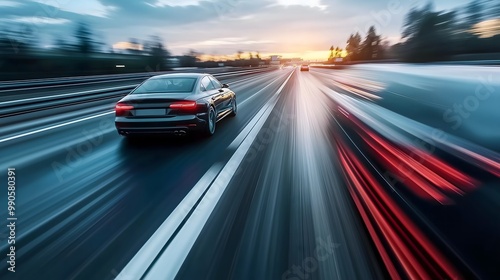 Overtaking in Style: A Car on a High-Speed Road with Clear Copy Space for Social Media and Banner Use photo