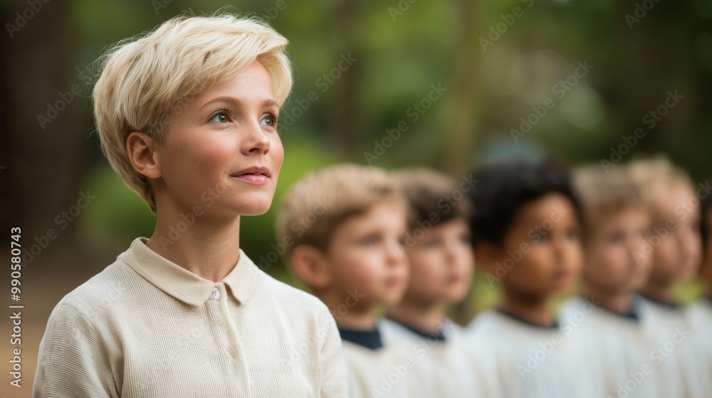 A confident child standing in a line, looking ahead with determination. A confident child standing in a line, looking ahead with determination.