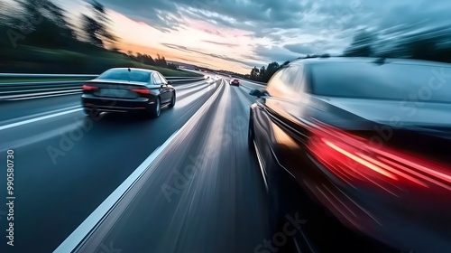 Chasing Speed: A Car Overtaking on a High-Speed Roadway with Copy Space – Perfect for High-Resolution Backgrounds photo