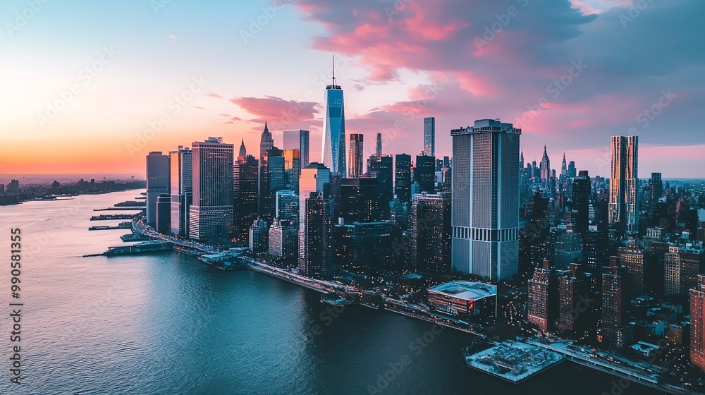 Fototapeta premium A beautiful panoramic view of the New York City skyline at sunset.