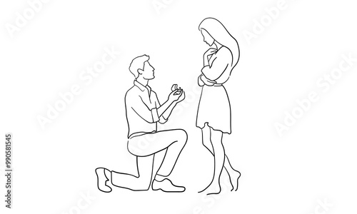 Wedding proposal continuous line art drawing isolated on white background. Guy on his knee gives a ring to a girl. Present outline. Vector illustration