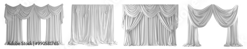 Collection Set of white luxury stage theatre theatrical hall auditorium curtain drapes backdrop on transparent cutout PNG file. Many different style. Mockup template for artwork design