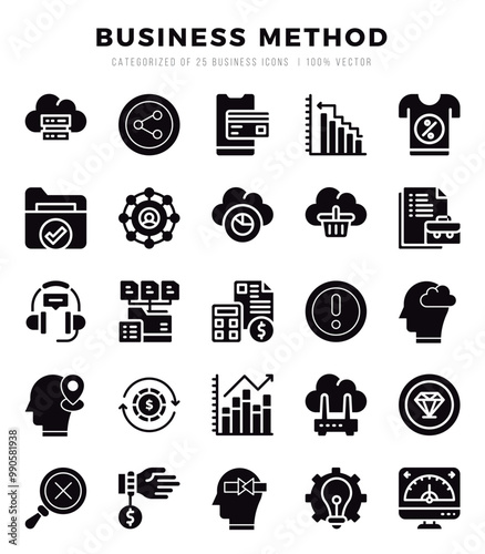 Set of 25 Business Method Glyph Icons Pack.