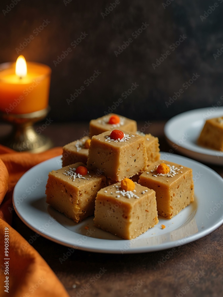 Arrangement of Diwali sweets like barfi and ladoo on a white plate. Arrangement of Diwali sweets like barfi and ladoo on a white plate.