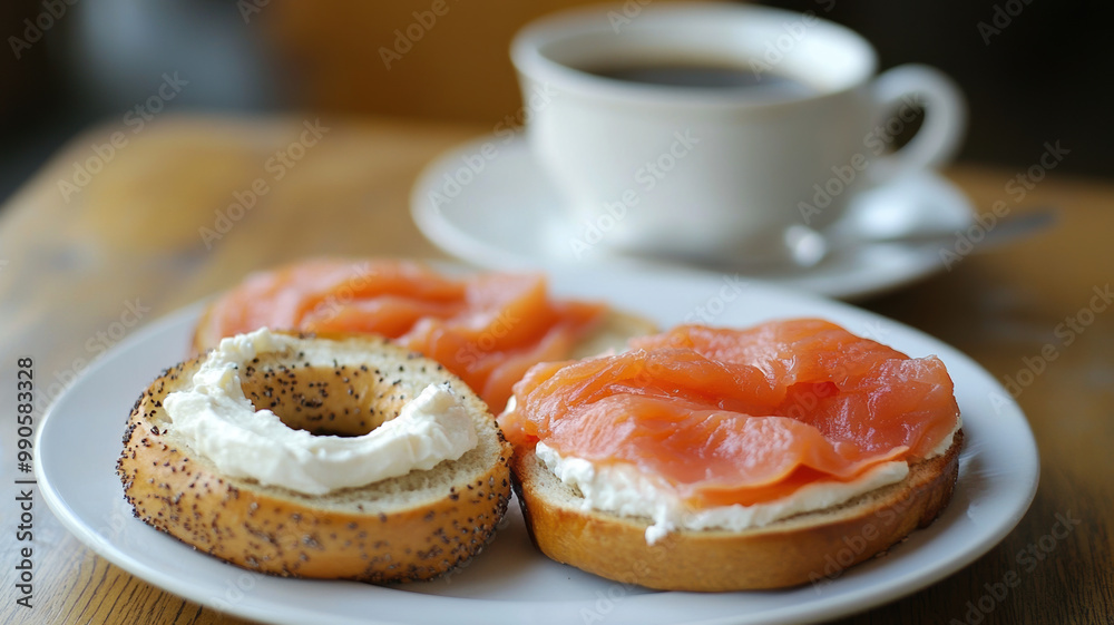A delicious breakfast: savory salmon, soft cream cheese, warm toasted bagels and freshly brewed coffee. A delicious breakfast: savory salmon, soft cream cheese, warm toasted bagels and freshly brewed coffee.