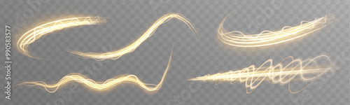  Glittering wavy trail. Golden glowing shiny spiral lines effect. Shine magic gold swirl with flare sparkles. Curved yellow line light. 