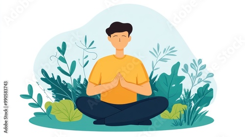 A person meditating in a serene environment surrounded by plants.