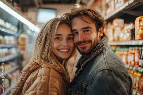 Happy couple shopping in supermarket and looking at camera, Generative AI