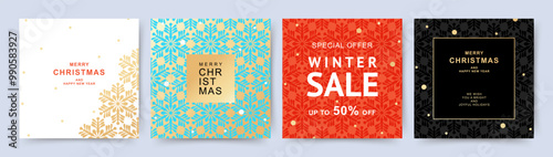 Merry Christmas and Happy New Year Set of greeting card, poster, holiday cover. Christmas sale, social media post with snowflakes pattern. Holiday vector templates for ads, print, banner, invitation