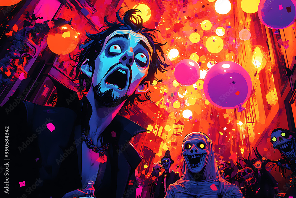A vampire accidentally spills his drink at a Halloween party, looking shocked, while a werewolf and mummy laugh amidst colorful confetti, balloons, and goofy decorations in a vibrant, cartoon-style A vampire accidentally spills his drink at a Halloween party, looking shocked, while a werewolf and mummy laugh amidst colorful confetti, balloons, and goofy decorations in a vibrant, cartoon-style
