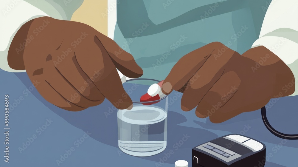 A person preparing medication by adding a pill to a glass of water. A person preparing medication by adding a pill to a glass of water.