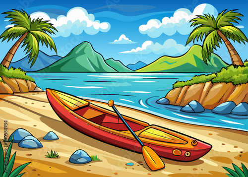 kayak boat cartoon vector illustration, blue sea and tropical island isolated background, vacation time