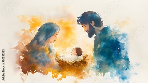 1. **Create an abstract watercolor illustration of the nativity scene, featuring soft, flowing colors that represent Mary, Joseph, and baby Jesus in the manger. Incorporate gentle brush strokes to