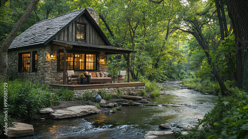 A cozy stone-and-wood cabin with a porch overlooking a gently flowing creek, surrounded by lush greenery and offering comfortable seating for relaxation by the water.