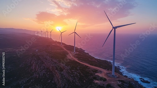 Wind turbines lined up along a coastal cliff, their blades turning gracefully against a dramatic sunset, representing sustainable energy solutions