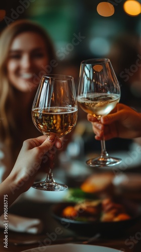 Cheerful colleagues toasting with wine while having business lunch in restaurant, Generative AI