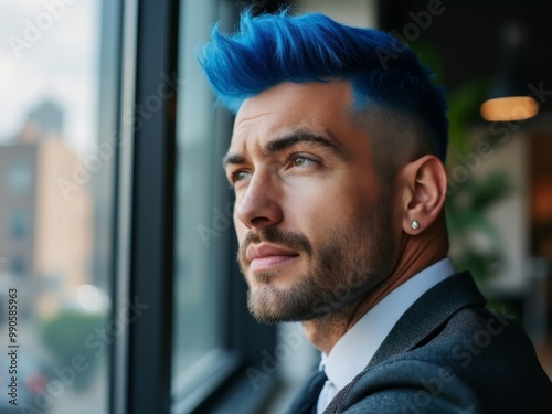 Pensive young man with stylish blue hair and earring in a suit, looking out of a large window in a modern office, representing individuality, modern fashion, and contemporary professional life