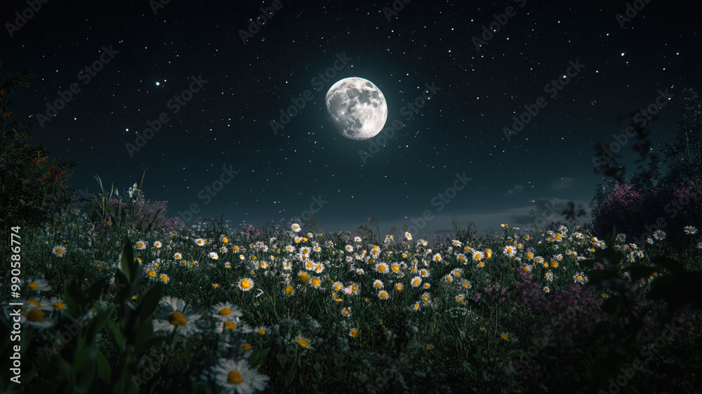A peaceful night scene with a glowing full moon centered in a starry sky, softly illuminating a field of scattered flowers below. A peaceful night scene with a glowing full moon centered in a starry sky, softly illuminating a field of scattered flowers below.