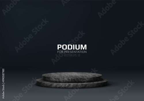Stone podium on dark background. Empty marble pedestal for product presentation. Minimalist platform concept with stone texture. Vector illustration.