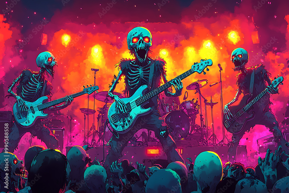 A zombie band performs at a Halloween concert using bone guitars and skeleton drumsticks, while goofy monsters dance awkwardly in a vibrant, colorful scene filled with humorous Halloween decorations.
A zombie band performs at a Halloween concert using bone guitars and skeleton drumsticks, while goofy monsters dance awkwardly in a vibrant, colorful scene filled with humorous Halloween decorations.