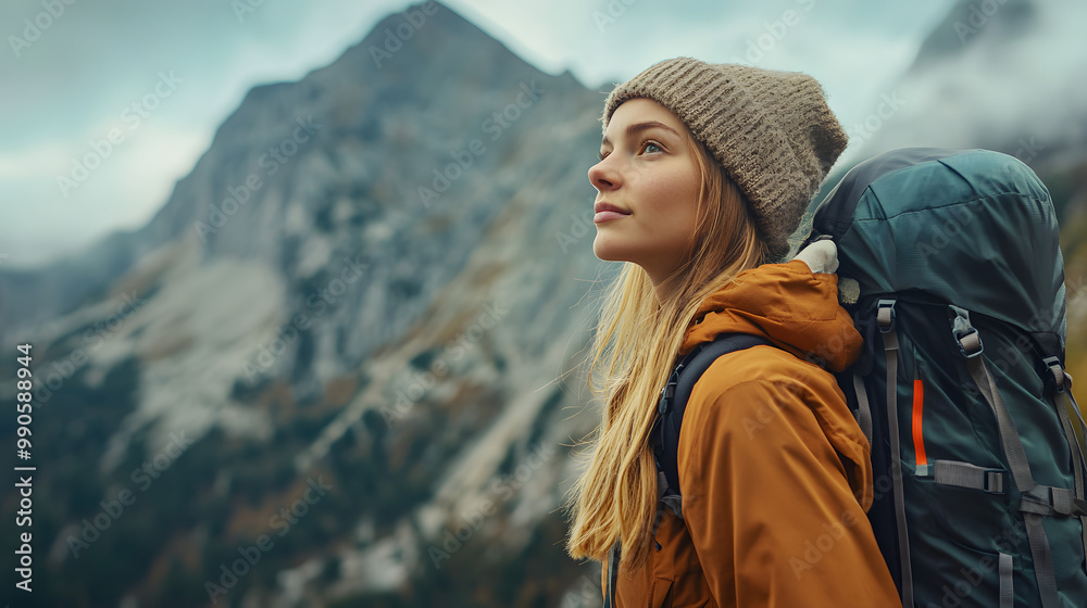 Contemplative Adventure: Young Woman Hiking in the Mountains Contemplative Adventure: Young Woman Hiking in the Mountains