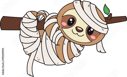 Cartoon sloth mummy hanging from tree branch vector illustration