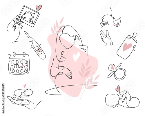 Vector set of pregnancy icons with heart in one line style. Continuous line drawing of pregnant woman, Ultrasound, new born baby, pregnancy test and baby pacifier