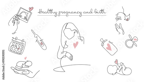 Vector set of pregnancy icons in one line style. Continuous line drawing of pregnant woman, Ultrasound, new born baby, pregnancy test and baby pacifier