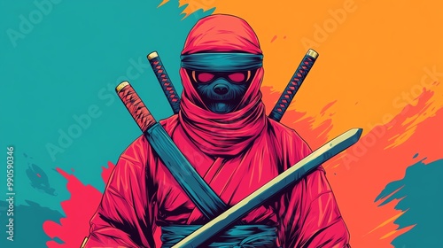 Vibrant illustration of a ninja with swords, showcasing dynamic colors and striking details, perfect for martial arts themes. photo